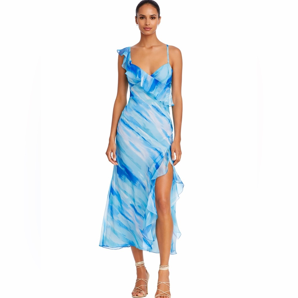 AQUA Blue Watercolor One Shoulder Ruffle Maxi Dress XS Asymmetrical Formal